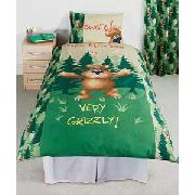Grizzly Bear Single Duvet Cover Set with Curtains - Green
