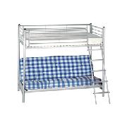 Silver Metal Bunk Bed with Blue Check Futon Mattress