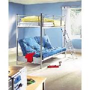 Silver Metal Bunk Bed with Plain Blue Futon Mattress