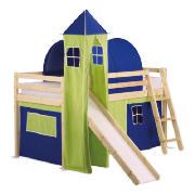 Pine Mid Sleeper and Slide with Blue Tower, Tent and Tunnel, Natural Laquered