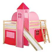 Pine Mid Sleeper and Slide with Pink Tower, Tent and Tunnel, Natural Laquered